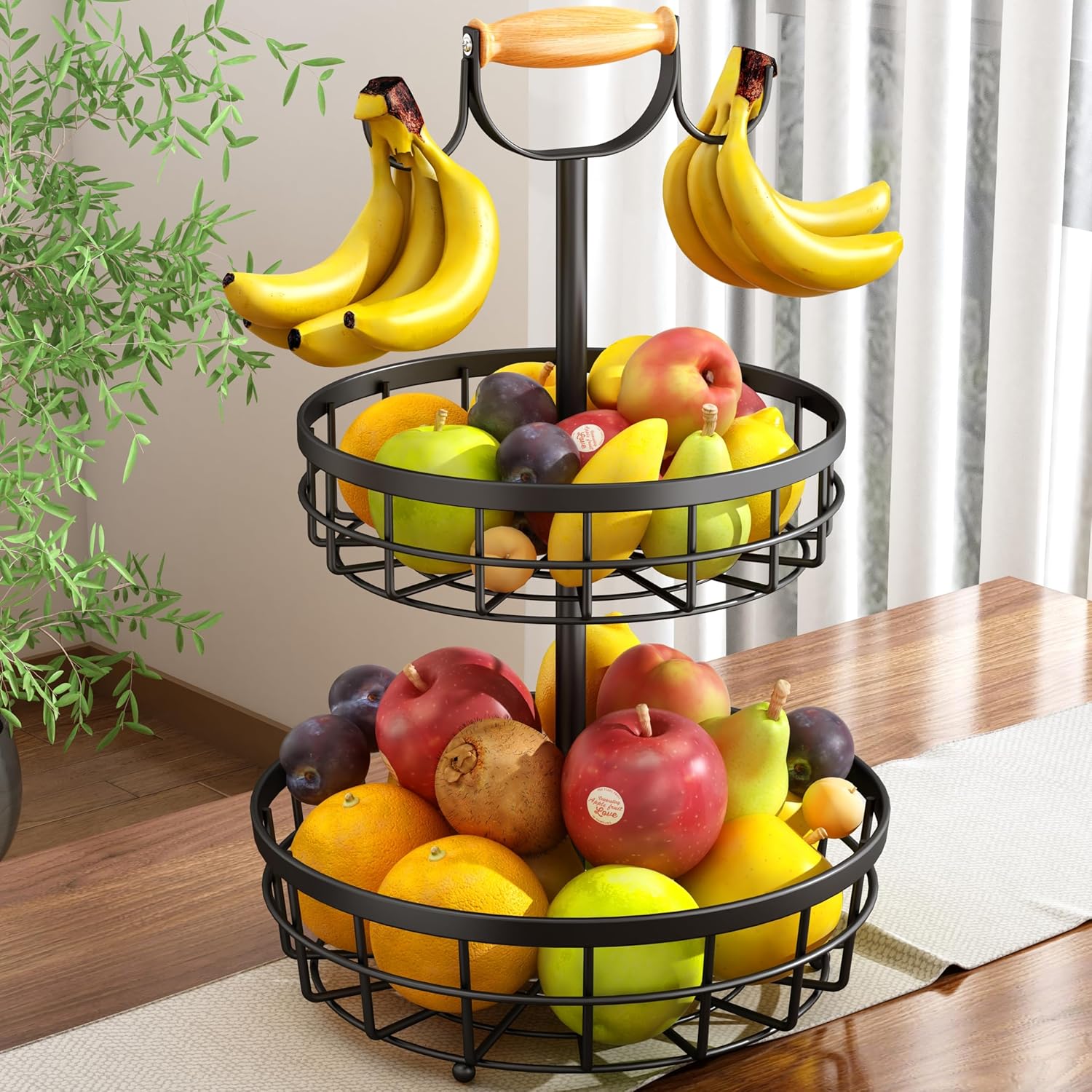 V178-36086-216273-00 2-Tier Fruit Basket Bowl Storage with Wood Lift Handle and Dual Banana Tree Hanger for Kitchen Countertop - Image 1