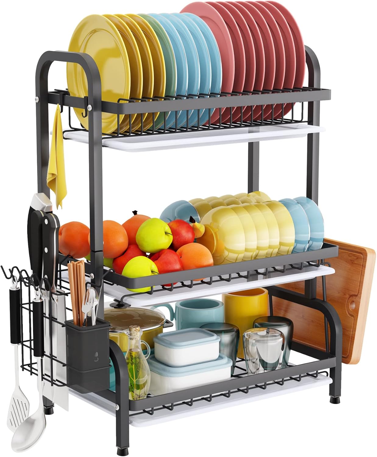 V178-36116-216255-00 Dish Drying Rack 3 Tier Large Capacity Kitchen Storage with Utensil and Cutting Board Holder - Image 1