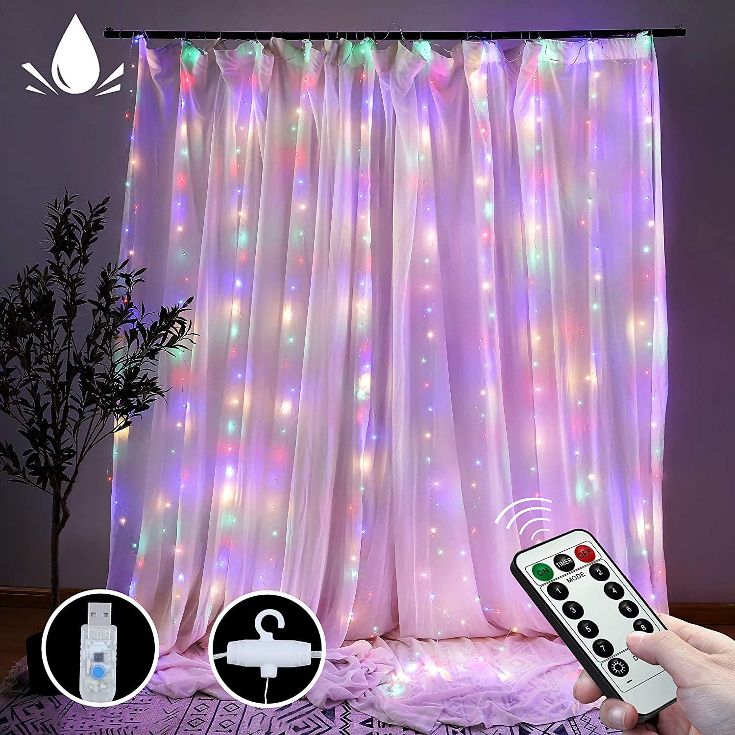 V178-49774-49774_1_k-I1bqWaT-00 300 LEDs Window Curtain Fairy Lights 8 Modes and Remote Control for Bedroom (Multicolor, 300 x 300cm) - Image 1