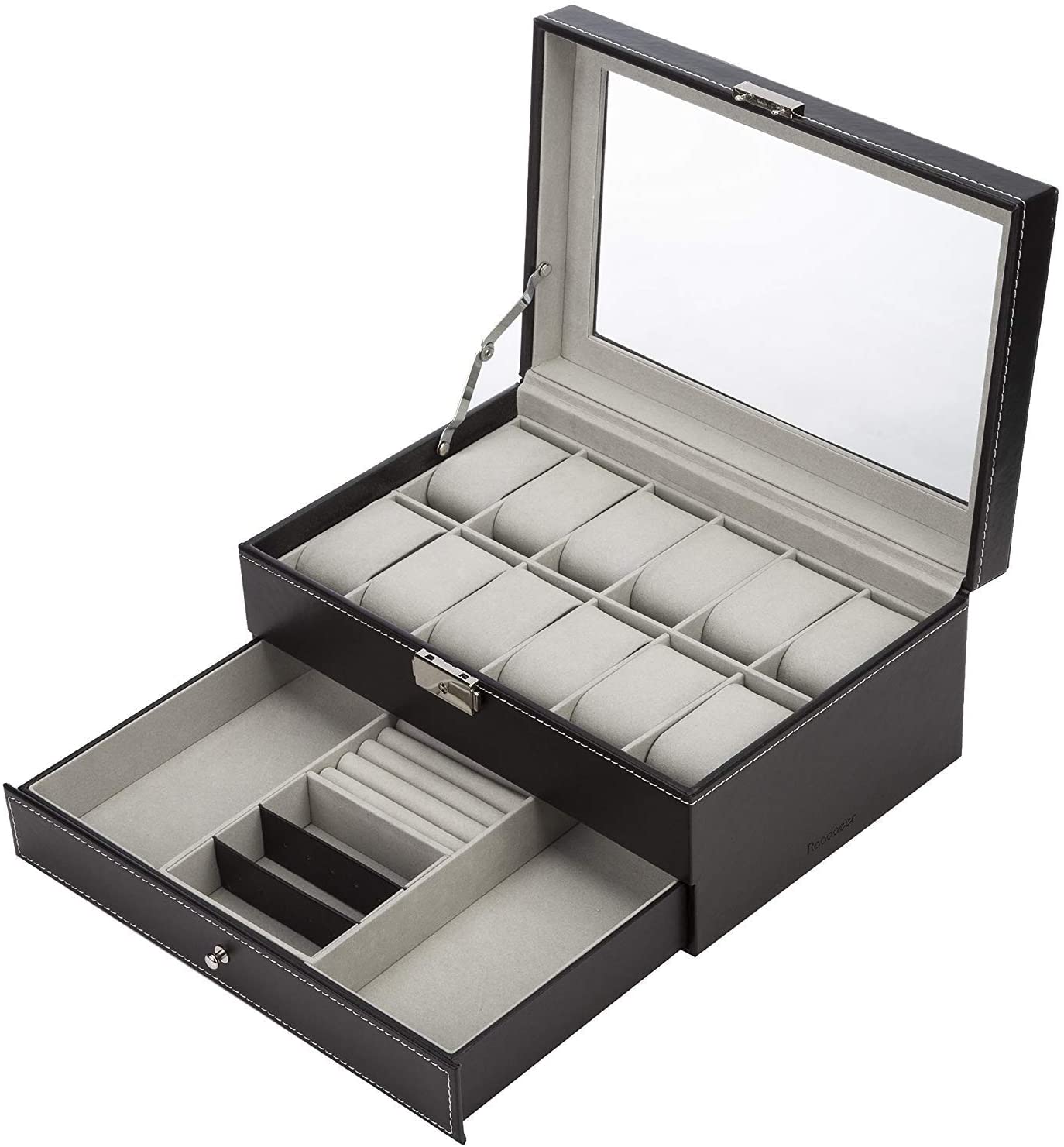 V178-52618-52618_1_khegKHZb9L-00 Black Leather Watch Box Jewelry Display Case with Drawers (12 Slots with 2 Layers) - Image 1