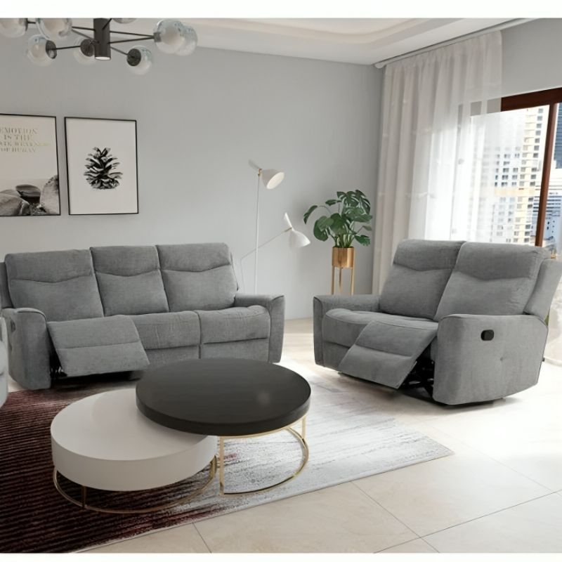 V195-COSMIC-LIGHT-202502241525-00 Fabric Motion Recliner Sofa Set Cosmic Light Gray Manual 3+2 Seater - Image 1