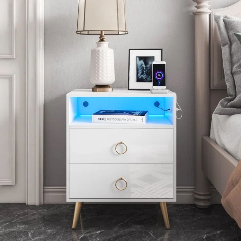 V195-NT-023-WH-175451-00 Amelia Modern LED Bedside table with USB and power socket White - Image 1