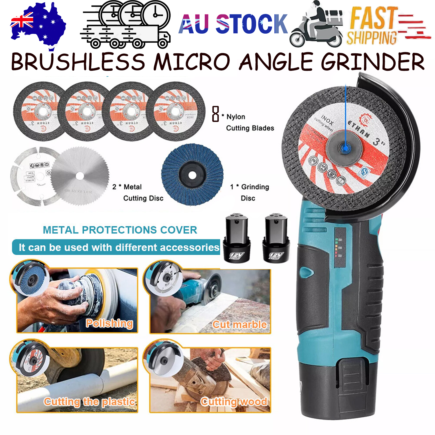V201-CUT0012BU8AU-202505151832-00 800W Mini Cordless Brushless Angle Grinder Cutting Tool W/ 2x Battery & Charger - Image 1