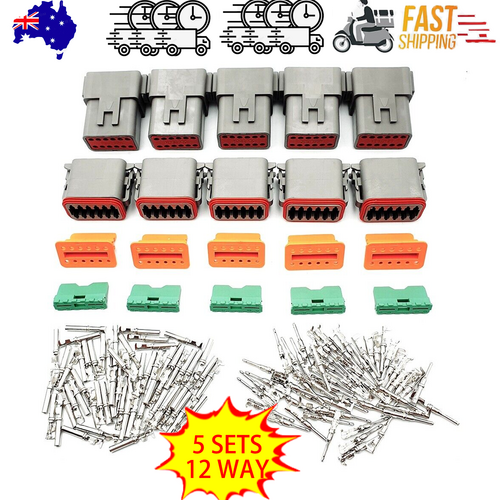 V201-DT4612P5SETA-213315-00 5 Sets DEUTSCH DT SERIES MULTI PLUG WATERPROOF CONNECTOR 12 WAY PIN KIT - Image 1