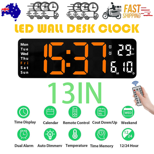 V201-FAZ0013OR8AU-213318-00 13" Orange Large Digital Big Jumbo LED Wall Desk Clock Display With Temperature Calendar - Image 1