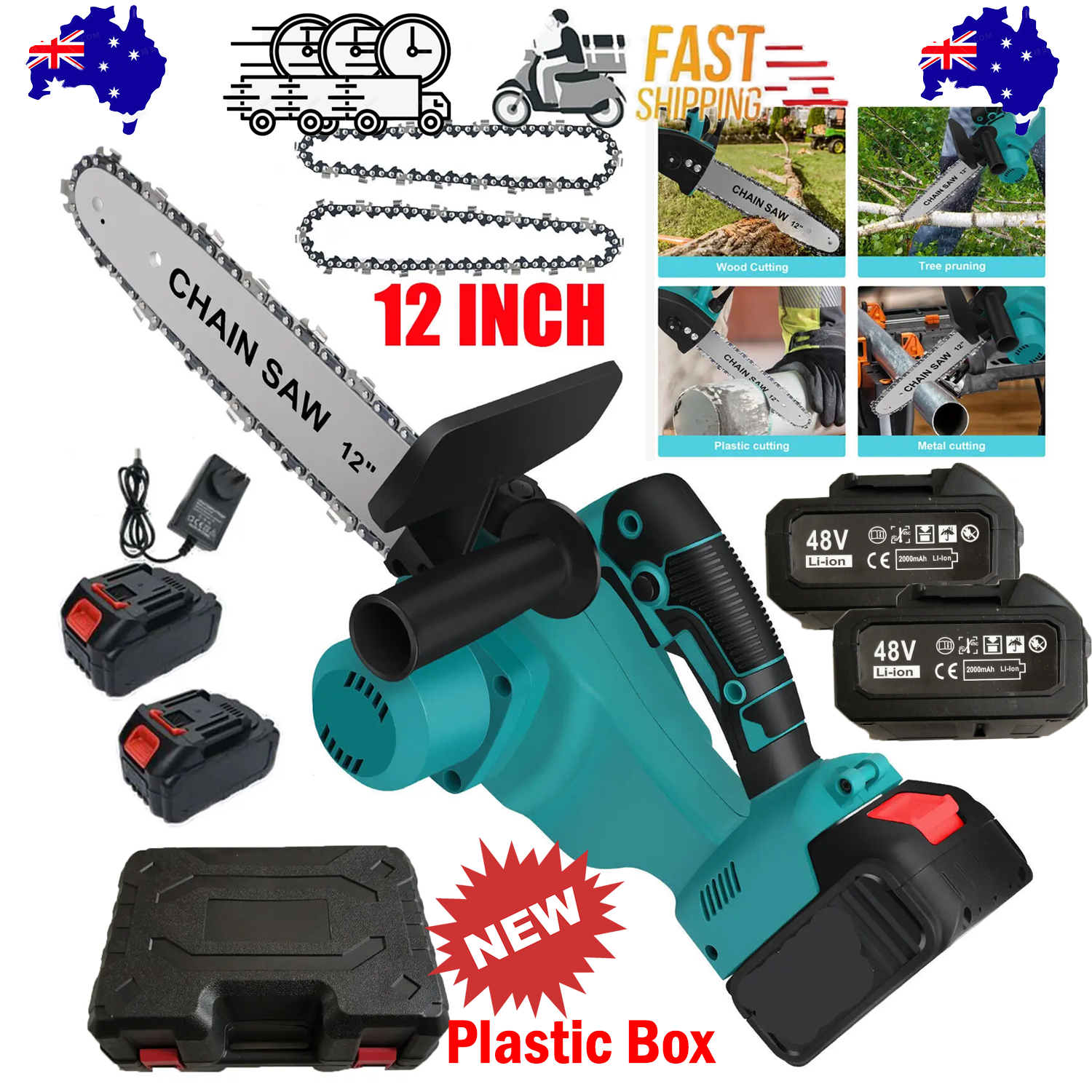 V201-FDZ0012BU8AU-202504011146-00 12"inch Cordless Electric Chainsaw + 2 Battery 2 Chain Brushless Wood Cutter Saw - Image 1