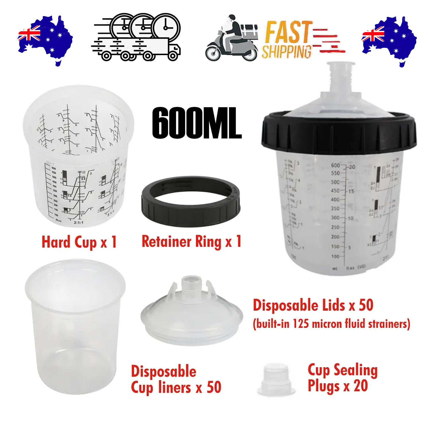 V201-FDZ6050WH8AU-202503051037-00 50 Sets Paint Spray Gun Cup Lids Liners Kit with Micron Filter 600ML Clear - Image 1