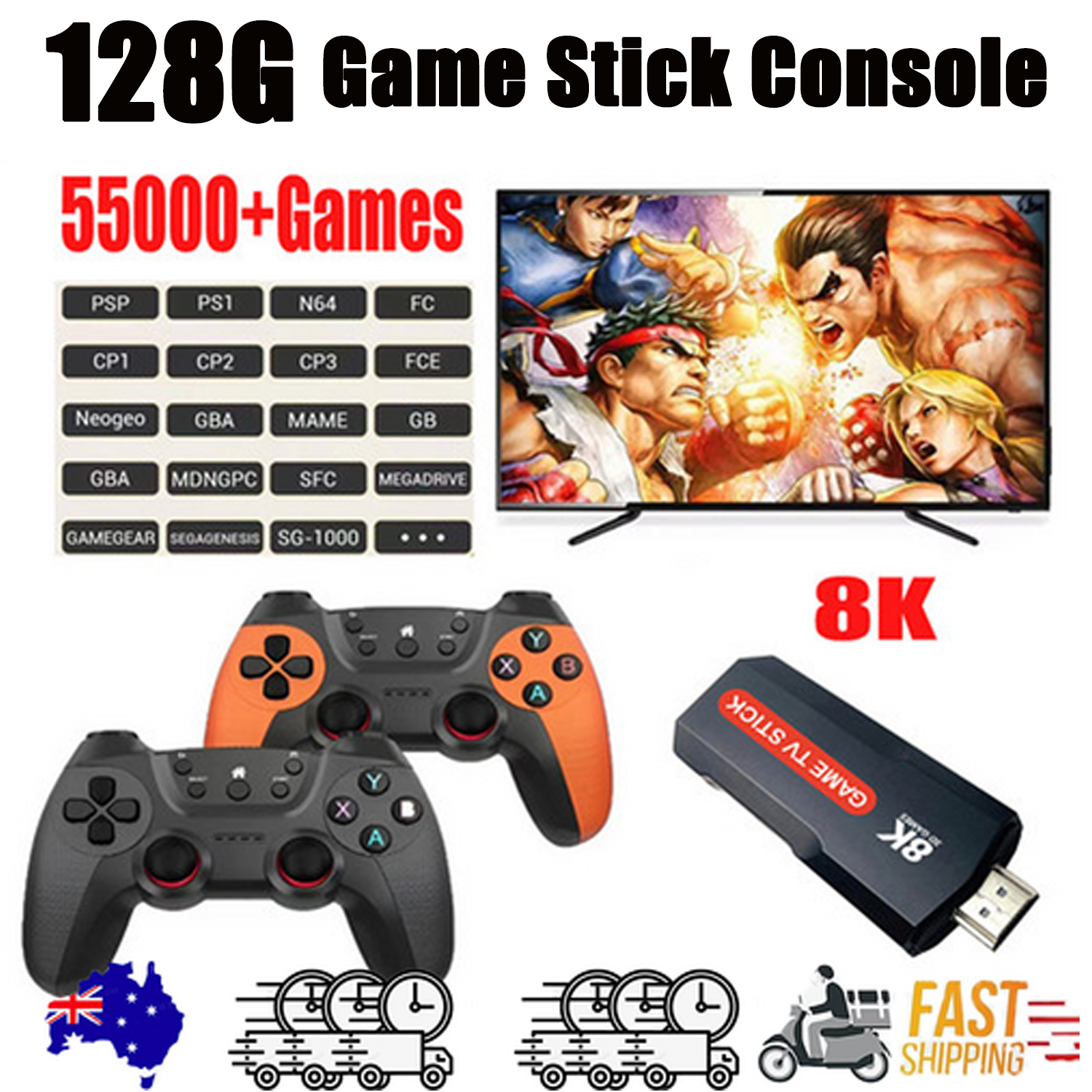 V201-GAME0256BL8AU-202508111236-00 128GB 2025 NEW 8K HDMI Video Game Stick Console 55000+ 2 Wireless Controller - Image 1