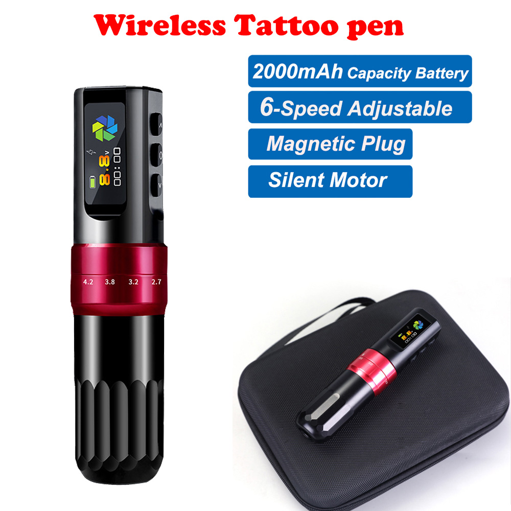 V201-HLDY012-RED-139492-00 Red Wireless Tattoo Pen Rotary Machine Adjustable Stroke Gun OLED Screen Fast charge - Image 1