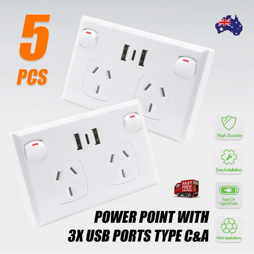 V201-SKT0201WH8-5AU-84794-00 5PCS Double Power Point Dual USB+Type-C GPO Fast Charge 3.6 amp Wall Outlet - Image 1
