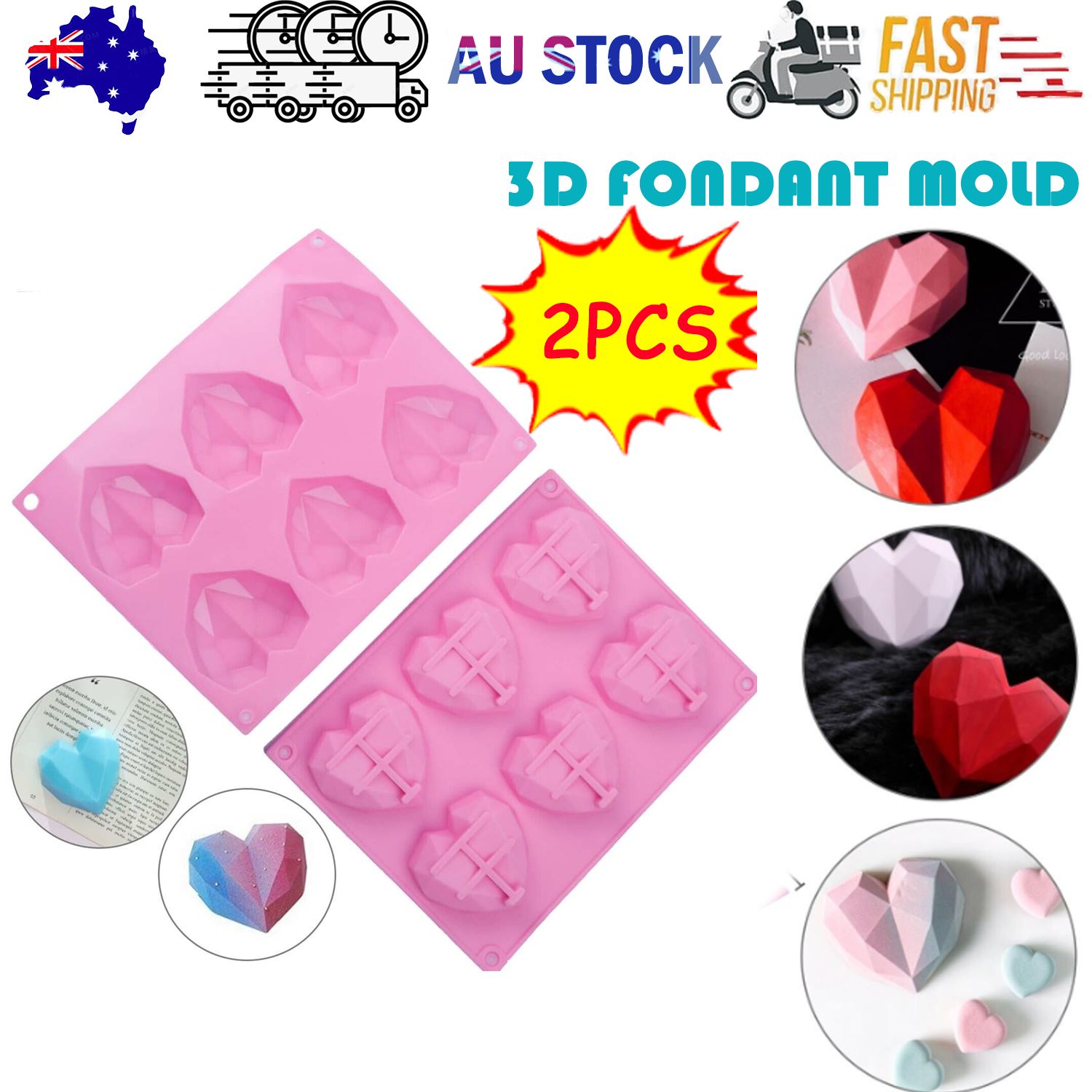V201-W12420716-202505151836-00 2PCS DIY 3D Fondant Mold Silicone Heart Shape Candy Cake Chocolate Mould Sugar Craft - Image 1