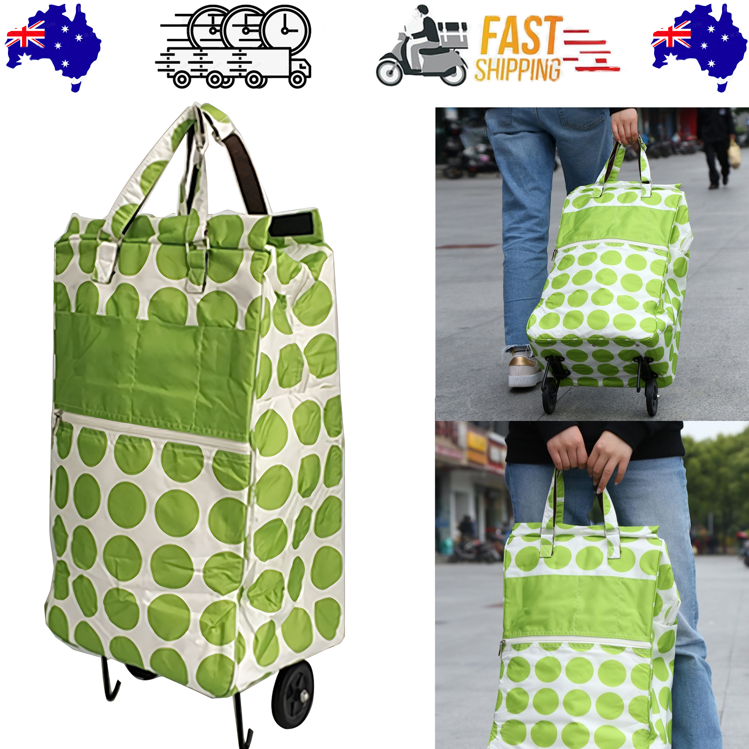 V201-W12583061-202503252019-00 Shopping Trolley Cart Bag Foldable Wheels Carts Bags Market Luggage Basket green circle - Image 1