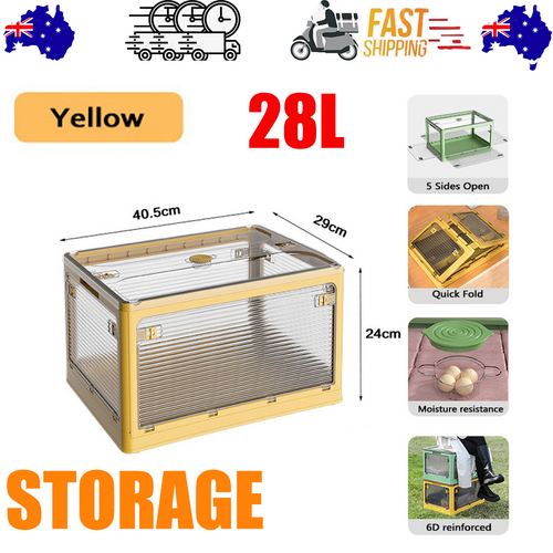 V201-W12882189-223398-00 28L yellow Storage Container Stackable 5 Sides Open Top Lid Transparent Foldable - Image 1