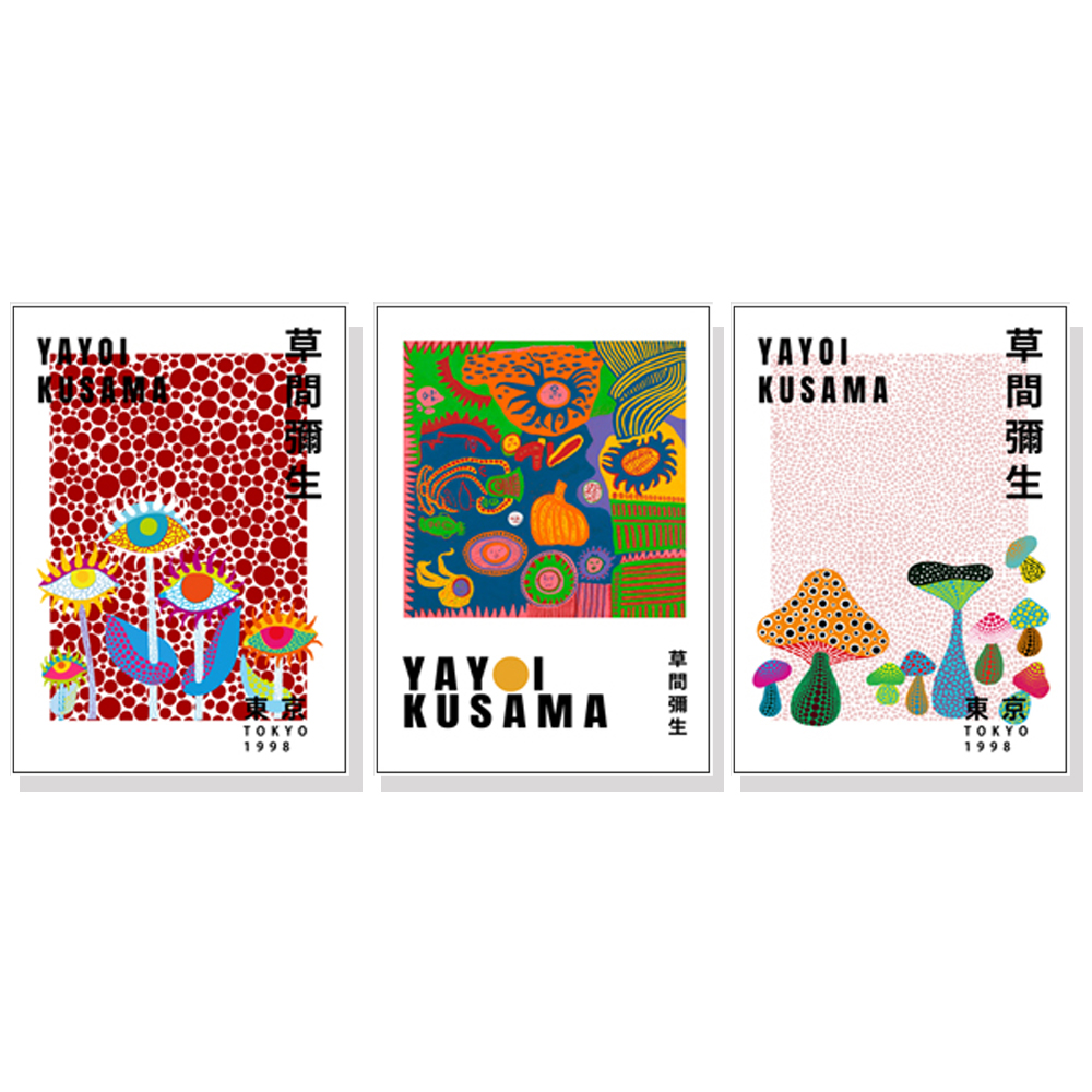 V207-1004_Wall-Art-By-Yayoi-Kusama-3-sets-white_1 Wall Art 40cmx60cm By Yayoi Kusama 3 Sets White Frame Canvas - Image 1