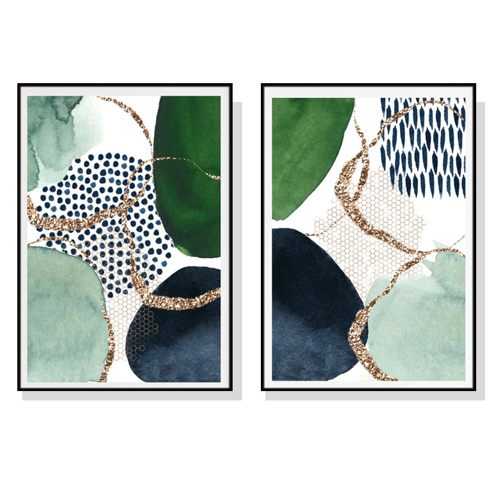 V207-1233_Green-and-Navy-Abstract-black_1 Wall Art 50cmx70cm Abstract Green and Navy 2 Sets Black Frame Canvas - Image 1