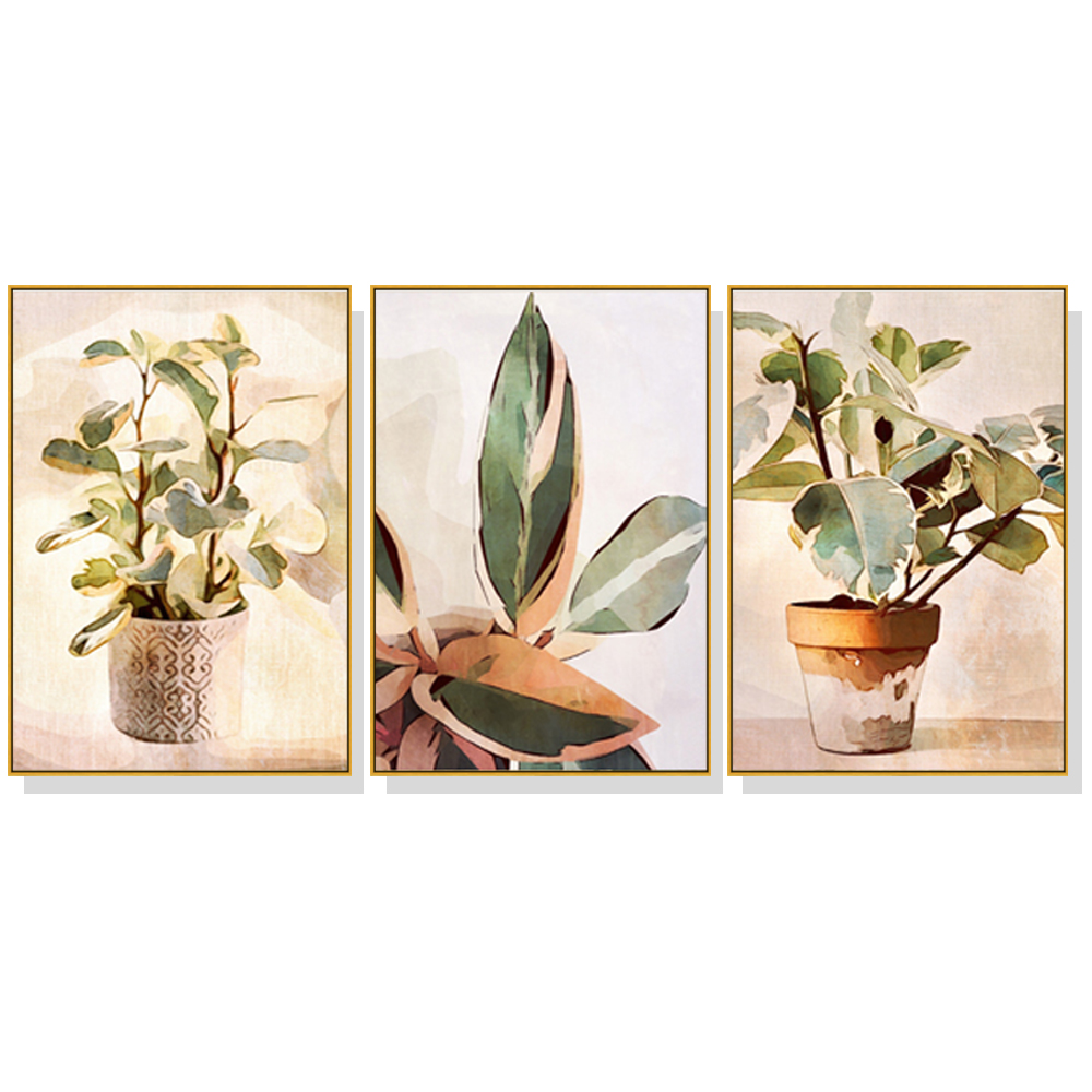 V207-1286_Botanical-Leaves-Watercolor-Style-3-sets-gold-1 Wall Art 40cmx60cm Botanical Leaves Watercolor Style 3 Sets Gold Frame Canvas - Image 1