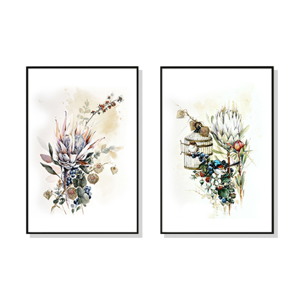V207-1458-2-145871-00 Wall Art 80cmx120cm Berries And Protea 2 Sets Black Frame Canvas - Image 1