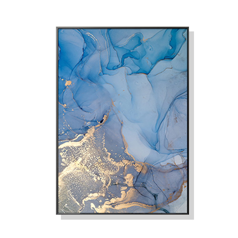 V207-1478-66237-00 Wall Art 80cmx120cm Light Blue Marble With Gold Splash Black Frame Canvas - Image 1