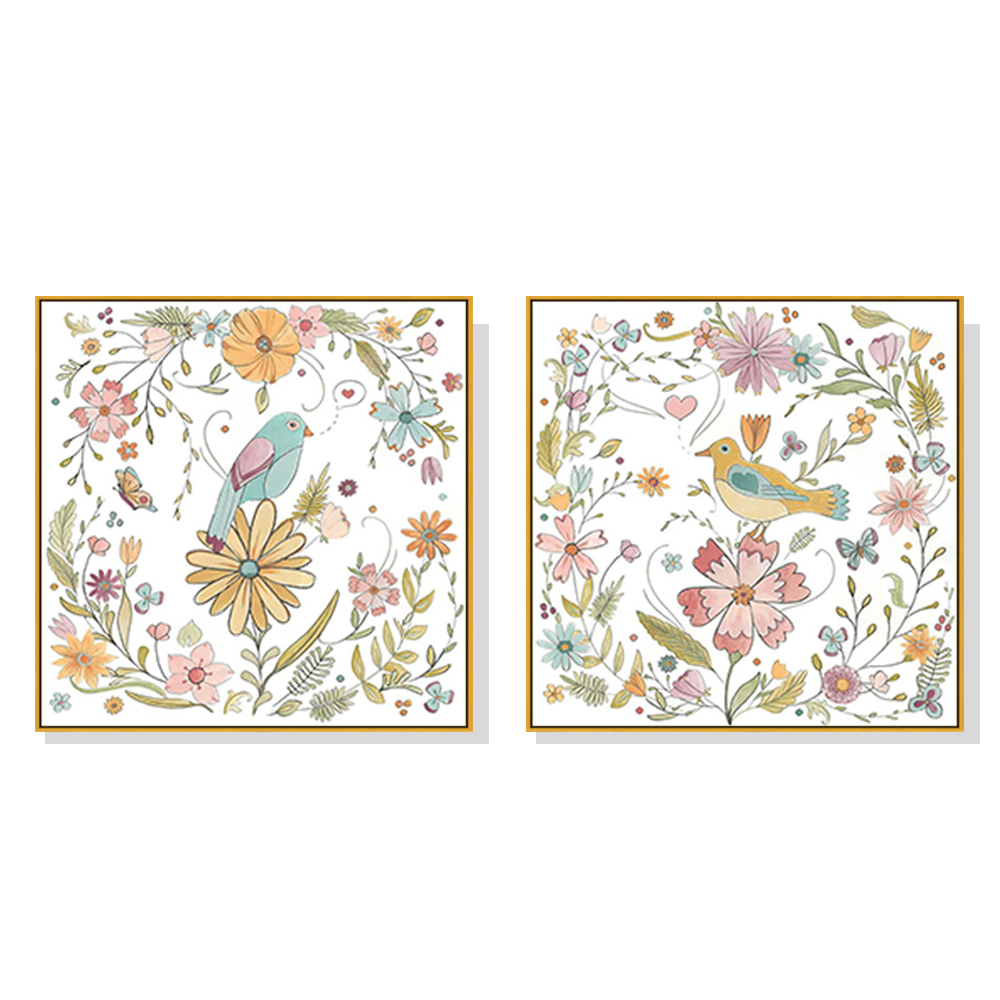 V207-1523-4-146304-00 Wall Art 100cmx100cm Floral birds 2 Sets Gold Frame Canvas - Image 1
