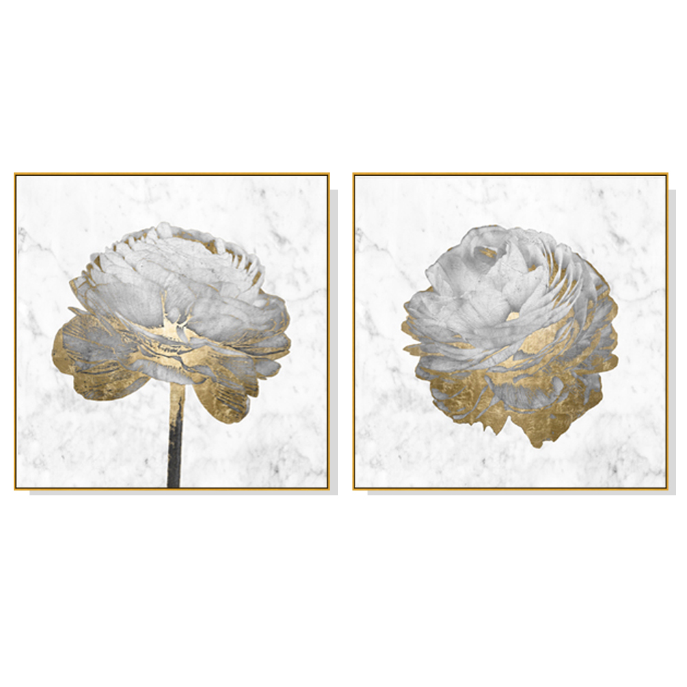 V207-1598-66970-00 Wall Art 70cmx70cm Gold And White Blossom On White 2 Sets Gold Frame Canvas - Image 1
