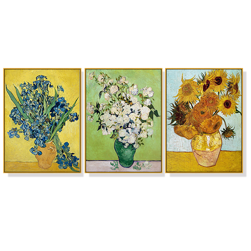 V207-16282-139830-00 Wall Art 80cmx120cm Van Gogh sunflowers Roses 3 Sets Gold Frame Canvas - Image 1