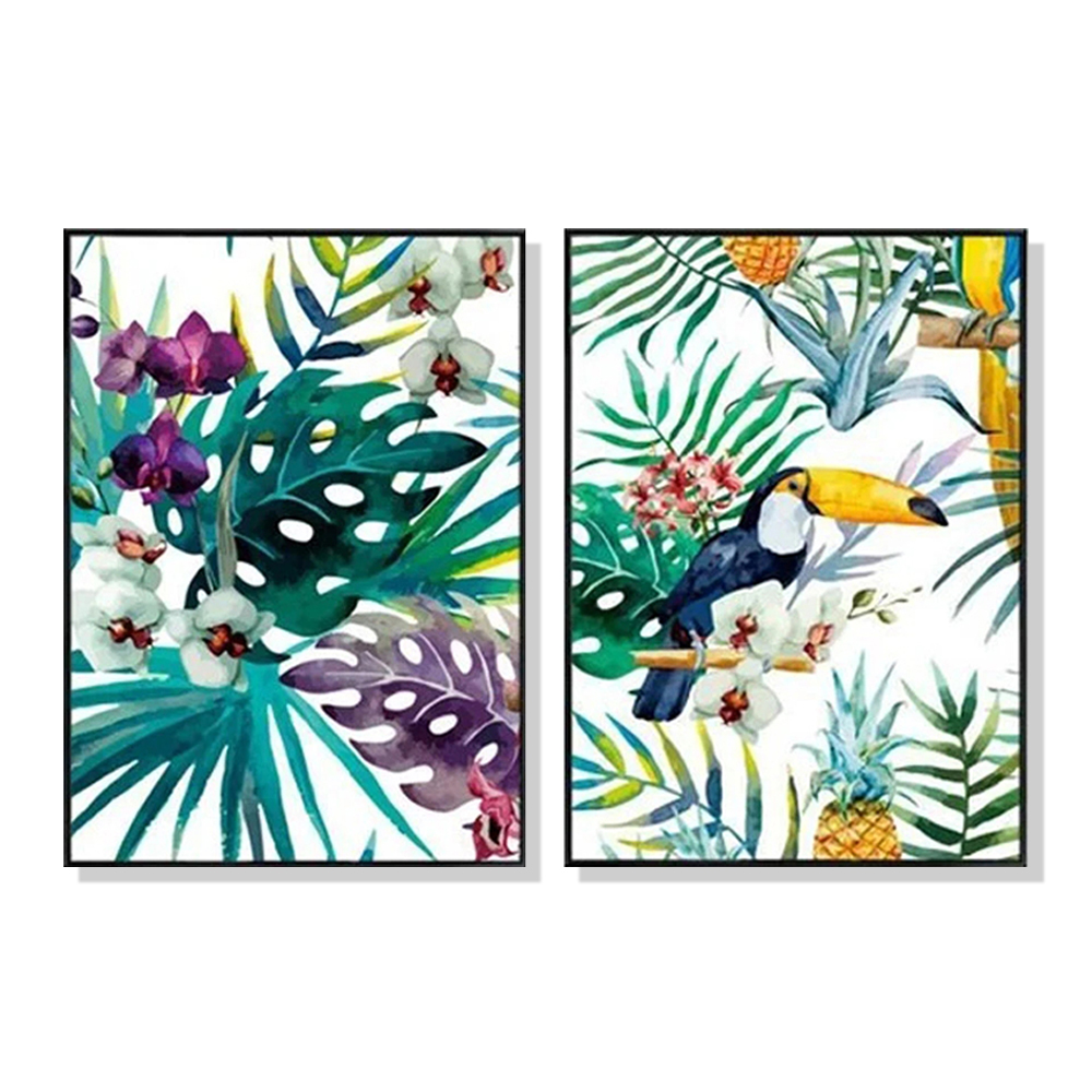 V207-16463-130732-00 Wall Art 90cmx135cm Toucan and orchid 2 Sets Black Frame Canvas - Image 1