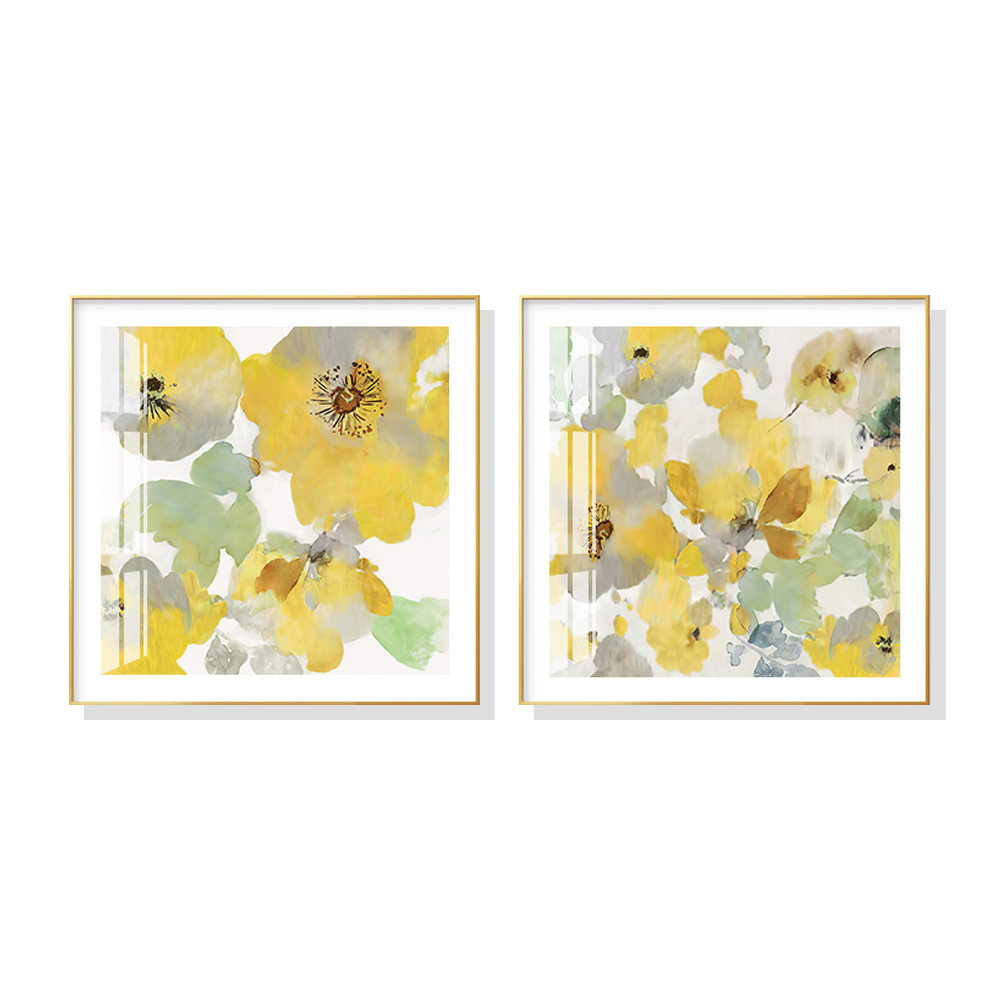 V207-16624-130713-00 Wall Art 100cmx100cm Yellow Flowers American Style 2 Sets Gold Frame Canvas - Image 1