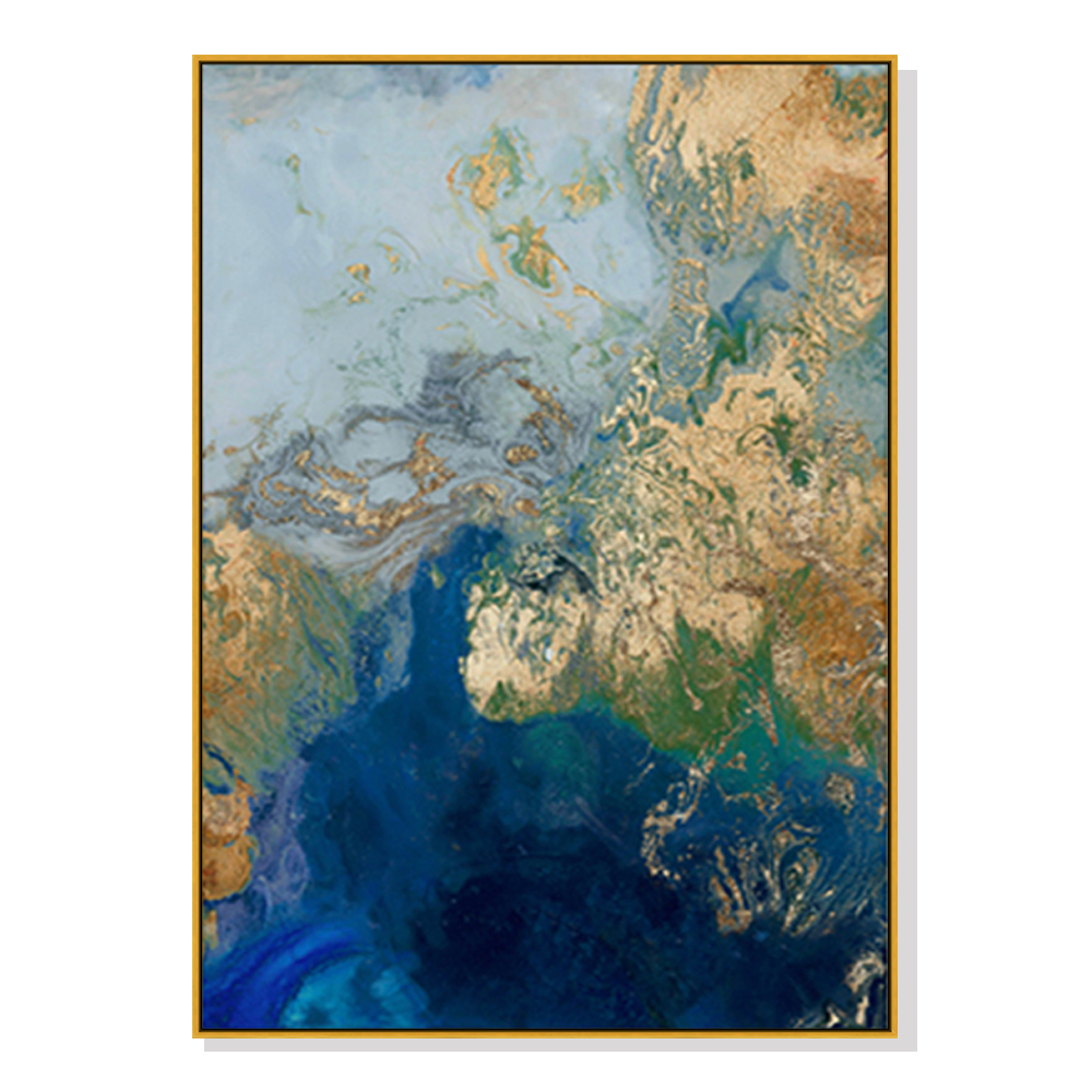 V207-16651-130714-00 Wall Art 40cmx60cm Marbled Blue Gold Artwork Gold Frame Canvas - Image 1