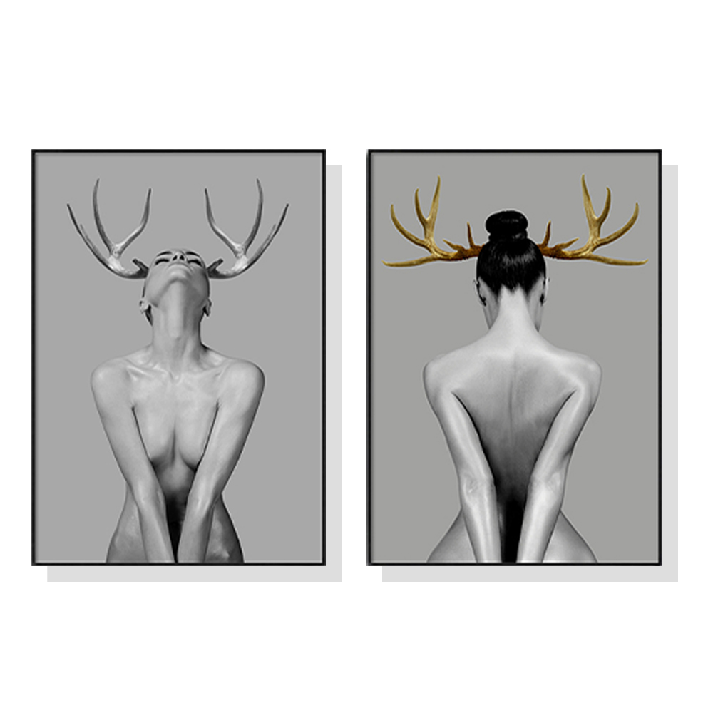 V207-1706-75049-00 Wall Art 70cmx100cm Girl With Gold Horn 2 Sets Black Frame Canvas - Image 1