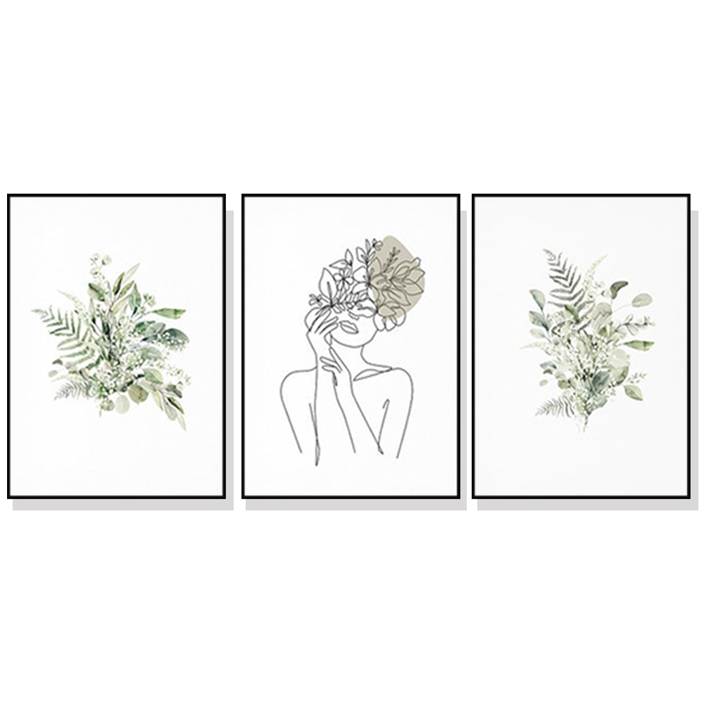 V207-1721-77366-00 Wall Art 60cmx90cm Botanical Line Girl 3 Sets Black Frame Canvas - Image 1