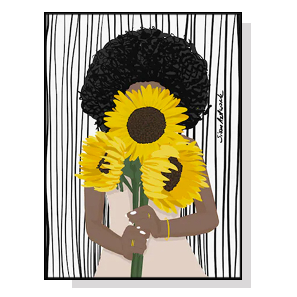 V207-1725-77382-00 Wall Art 80cmx120cm African Woman Sunflower Black Frame Canvas - Image 1