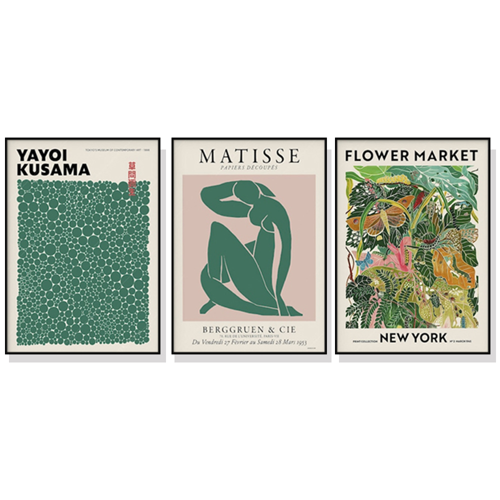 V207-1740-77374-00 Wall Art 40cmx60cm Flower Market, Matisse Print, Yayoi Kusama 3 Sets Black Frame Canvas - Image 1