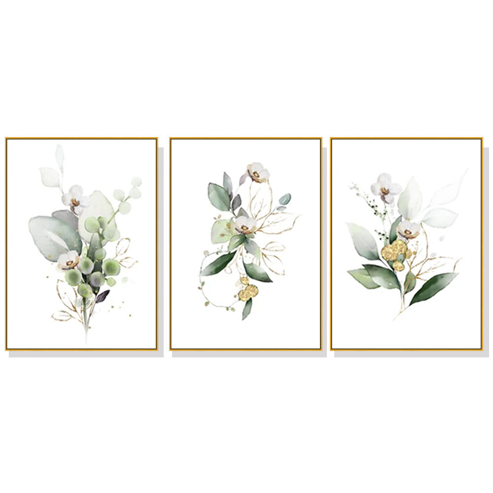 V207-17751-130846-00 Wall Art 70cmx100cm Green and Gold Watercolor Botanical 3 Sets Gold Frame Canvas - Image 1