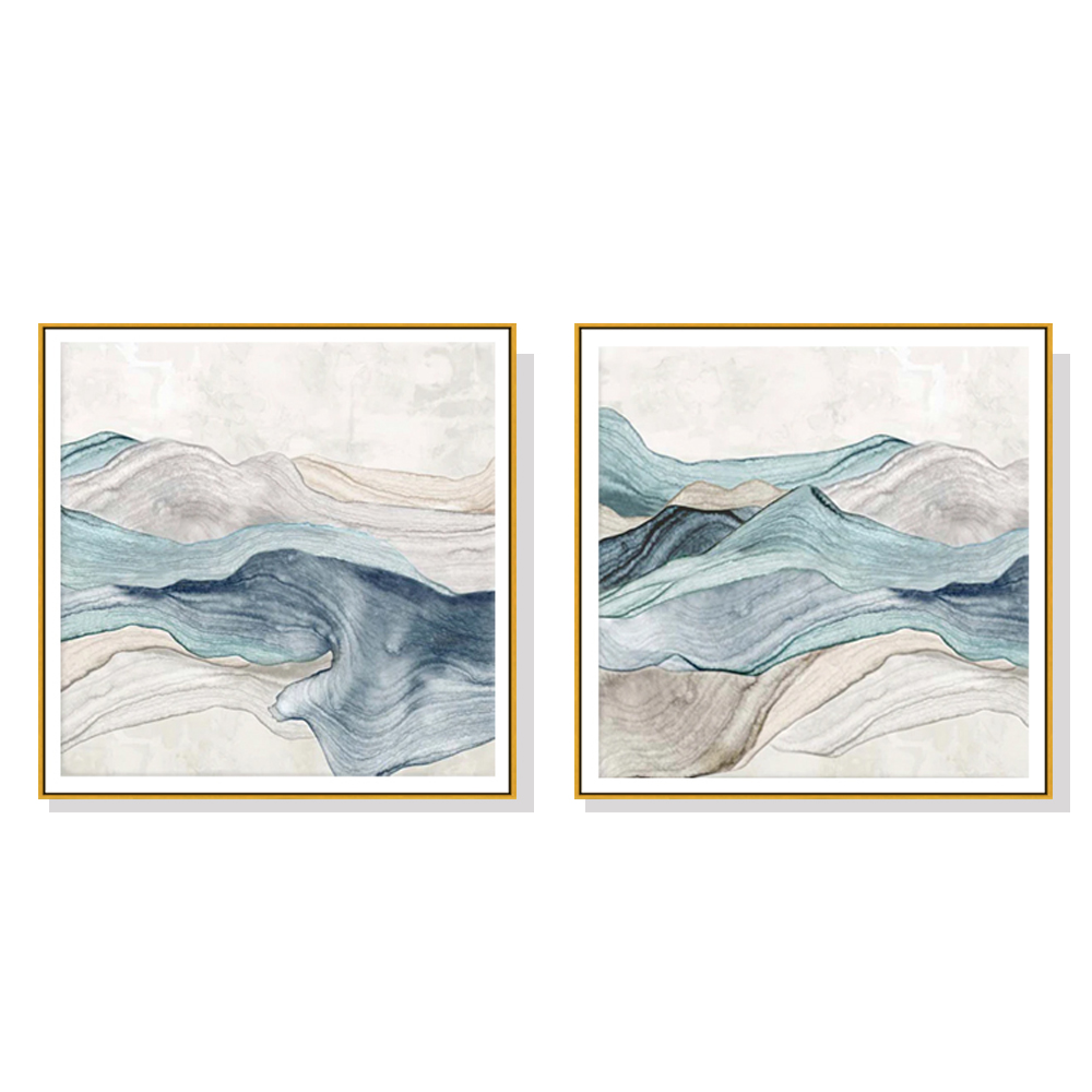 V207-2094-89448-00 Wall Art 50cmx50cm Blue Mountain 2 Sets Gold Frame Canvas - Image 1