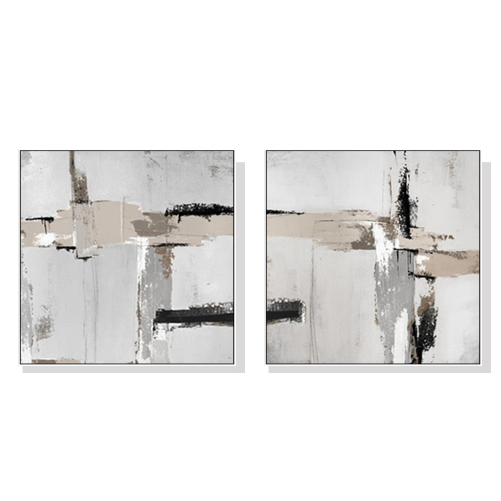 V207-22154-97336-00 Wall Art 100cmx100cm Neutral Abstract 2 Sets White Frame Canvas - Image 1