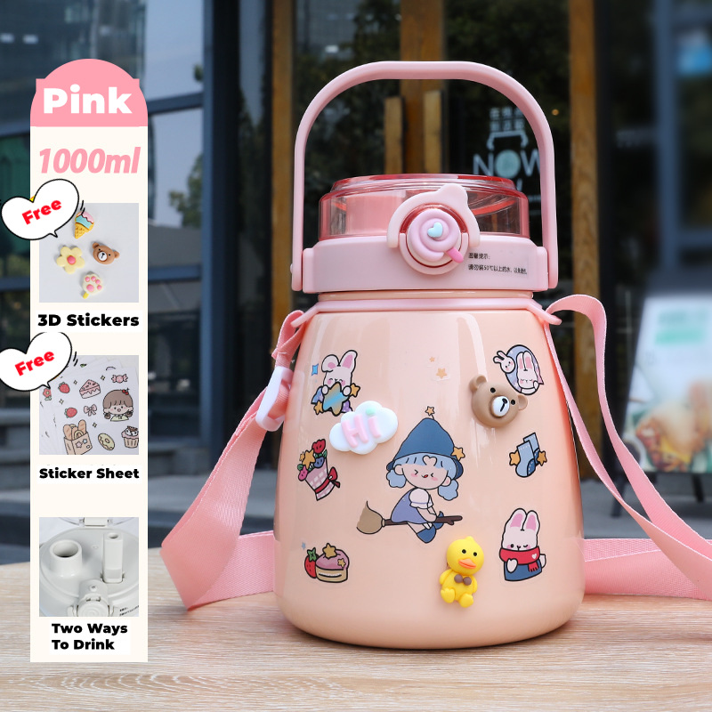 V213-BOTTLE02-PNK_qxSlTpy_1 1000ml Large Water Bottle Stainless Steel Straw Water Jug with FREE Sticker Packs (Pink) - Image 1