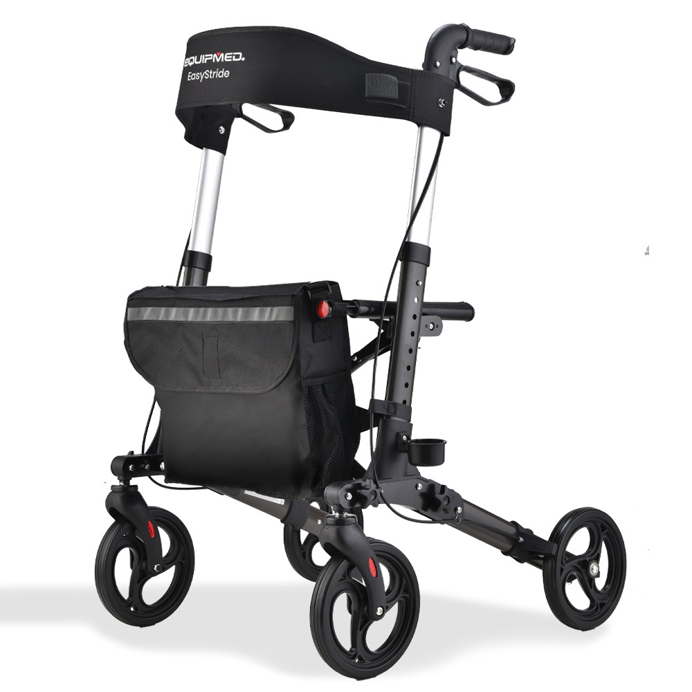 V219-EQHCRL11A-73893-00 EQUIPMED Foldable Aluminium Walking Frame Rollator with Bag and Seat, Titanium Colour - Image 1