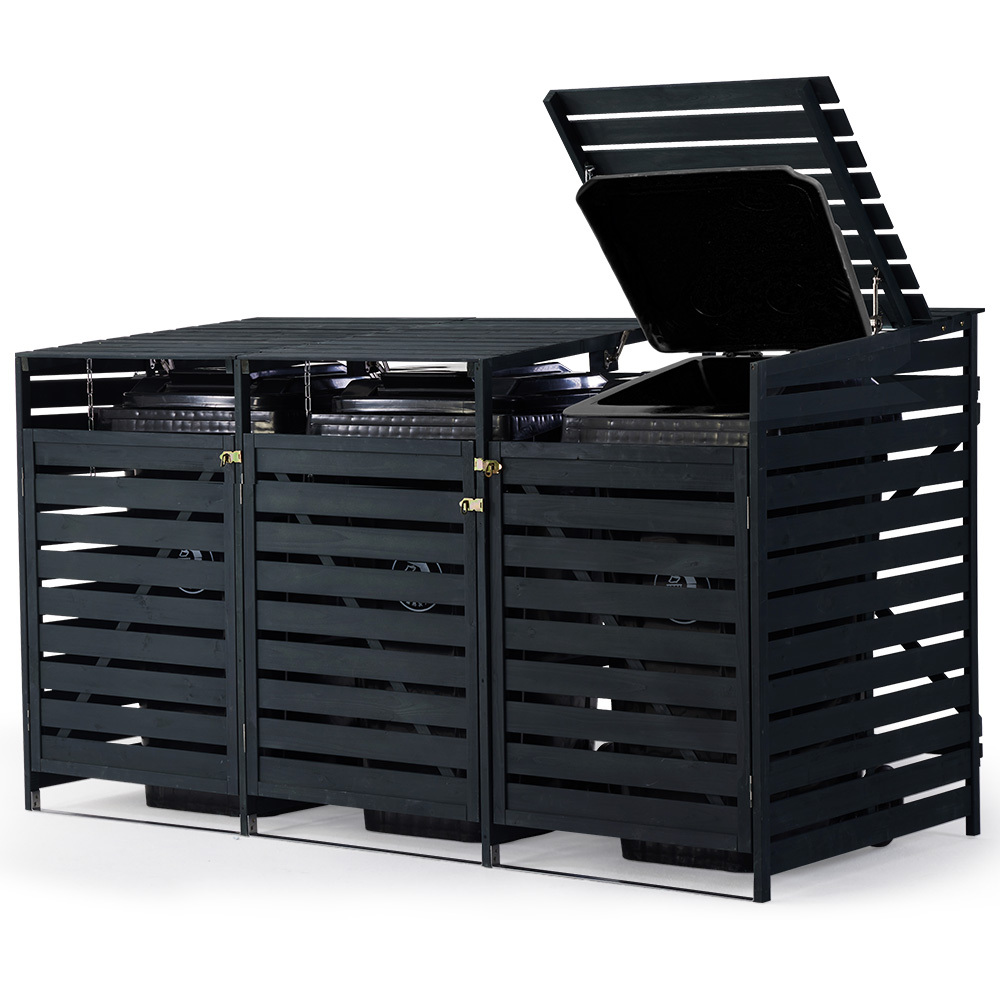 V219-GBGWODPCW3DA-225592-00 PlantCraft Triple Wood Wheelie Bins Storage Shed, 3 Door Garbage Rubbish Bin Enclosure - Image 1