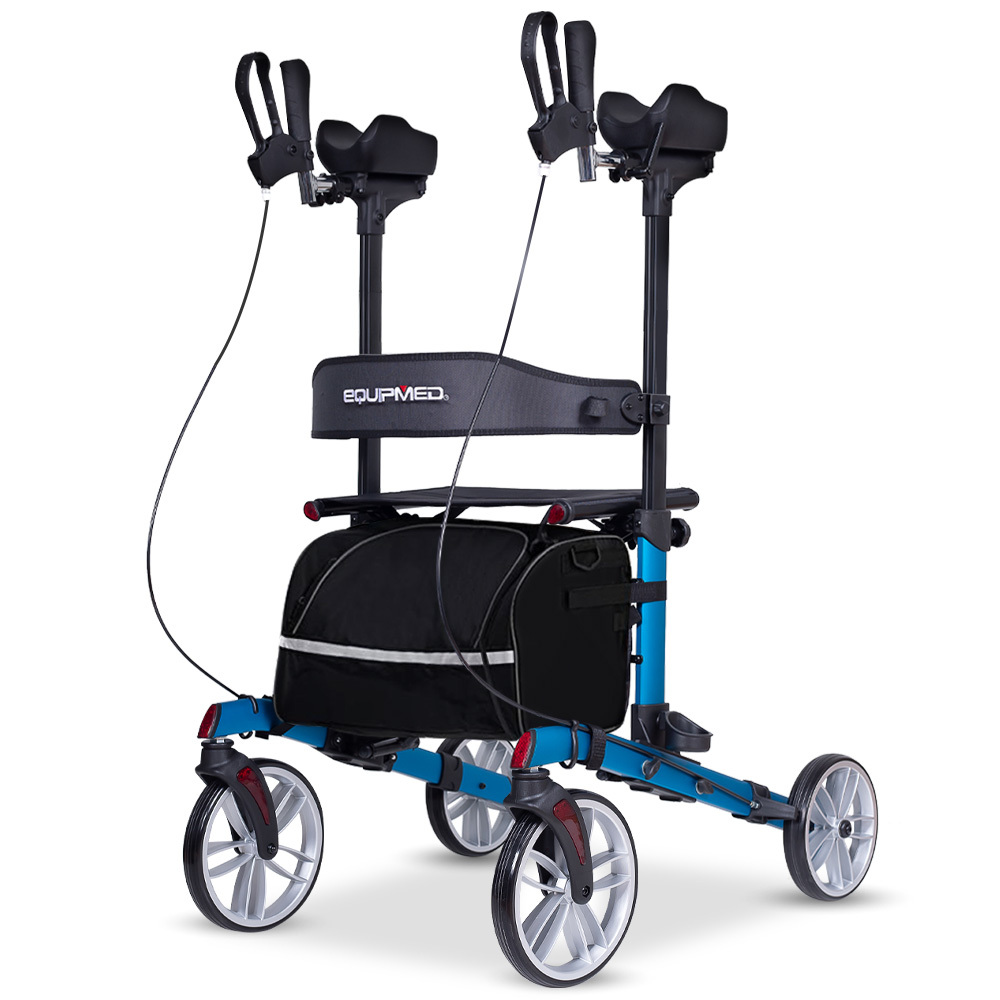 V219-HELRLTEQU5BA-225348-00 EQUIPMED Upright Rollator Walker with Forearm Support Rests, Mobilty Aid with Seat, Blue - Image 1
