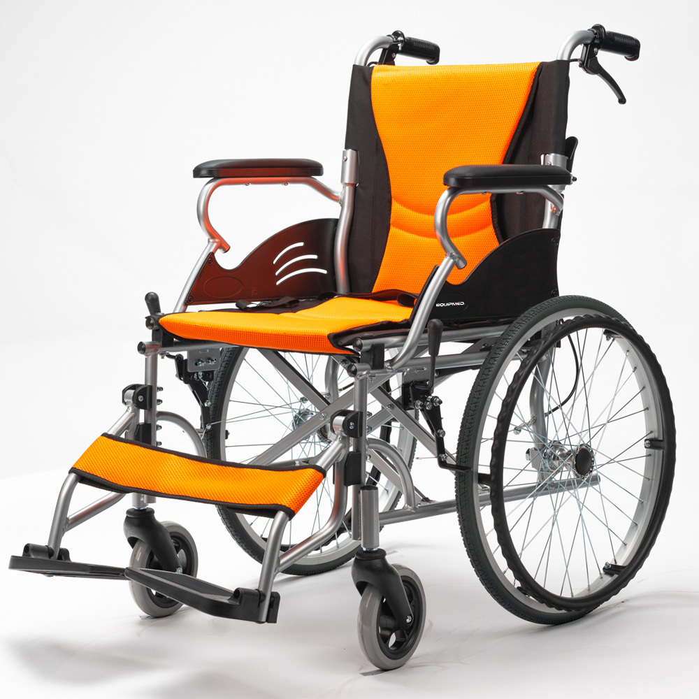 V219-HELWLCEQO20A-74095-00 EQUIPMED Folding Aluminium Wheelchair, 20" Wheels, Park Brakes, 100kg Capacity, Orange - Image 1