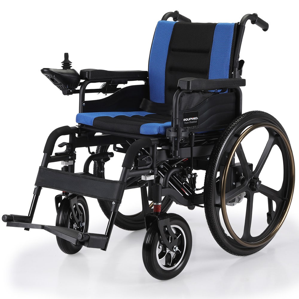 V219-HELWLCEQPKB2A-202504071236-00 EQUIPMED Electric Wheelchair Folding, Long Range, Airline Approved, Lithium Battery, 24" Light Rear Wheels, Matte Black/Blue - Image 1
