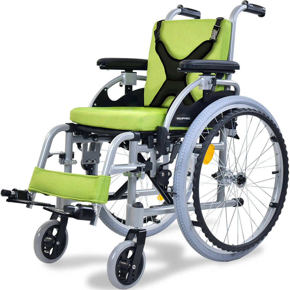 V219-HWCSTNEQK5GA-225561-00 EQUIPMED Kids Premium Paediatric Wheelchair, Lightweight Aluminium, 22" Wheels, 75kg Rated, Green - Image 1