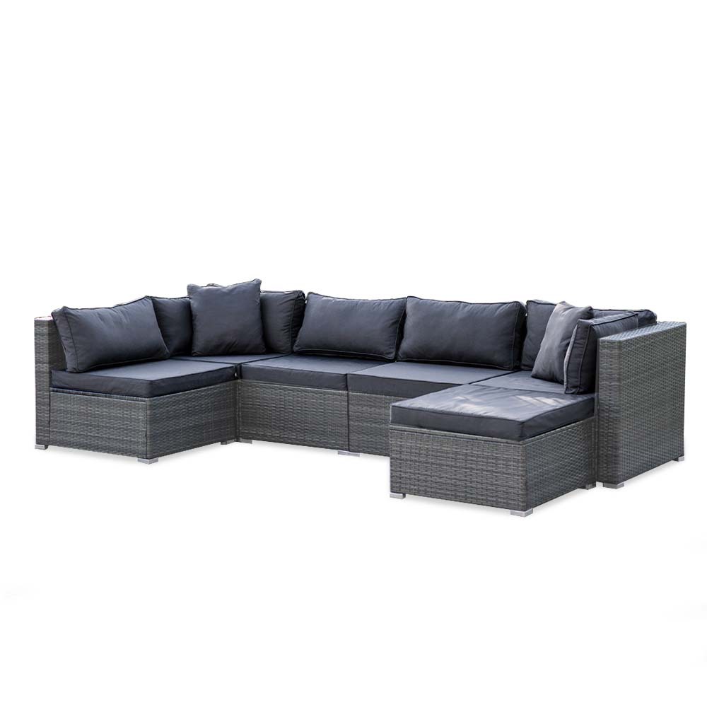 V219-OTDOLSLR6SGY1-74218-00 LONDON RATTAN 6 Seater Modular Outdoor Lounge Setting with Ottoman, Grey - Image 1