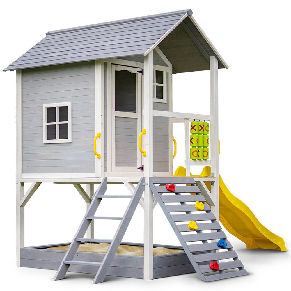 V219-PLYCBHRV4GYA-74241-00 ROVO KIDS Wooden Tower Cubby House with Slide, Sandpit, Climbing Wall, Noughts & Crosses - Image 1