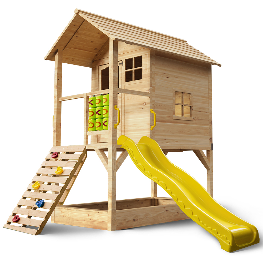 V219-PLYCBHRV4NTA-74242-00 ROVO KIDS Wooden Tower Cubby House with Slide, Sandpit, Climbing Wall, Noughts & Crosses, Natural Colour - Image 1