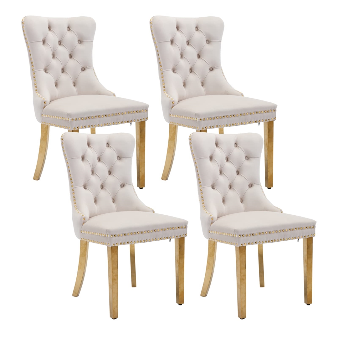 Version 1.0.0 AADEN 4x Velvet Dining Chairs with Golden Metal Legs-Beige - Image 1