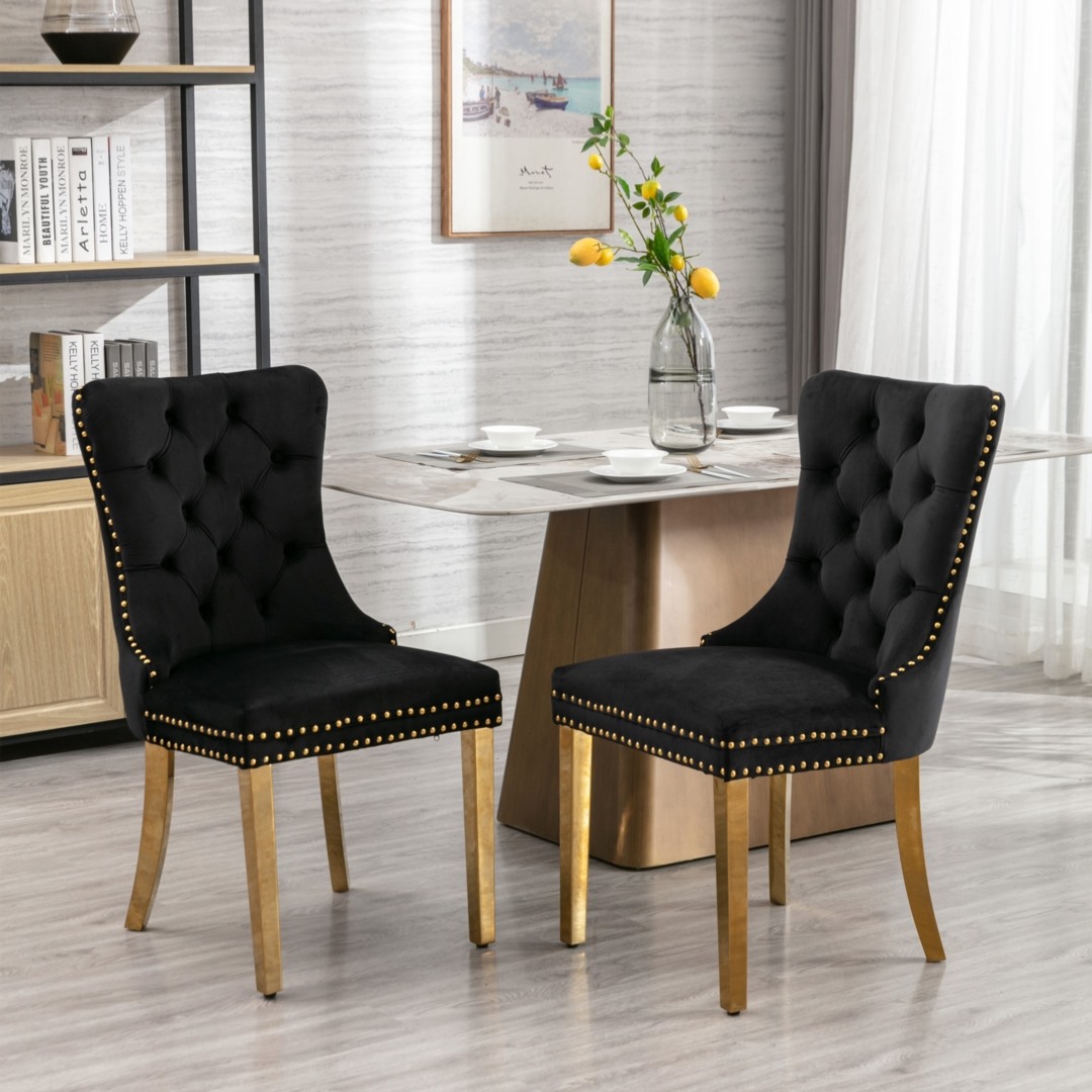 V226-SW1501BK-67283-00 AADEN 2x Velvet Dining Chairs with Golden Metal Legs-Black - Image 1
