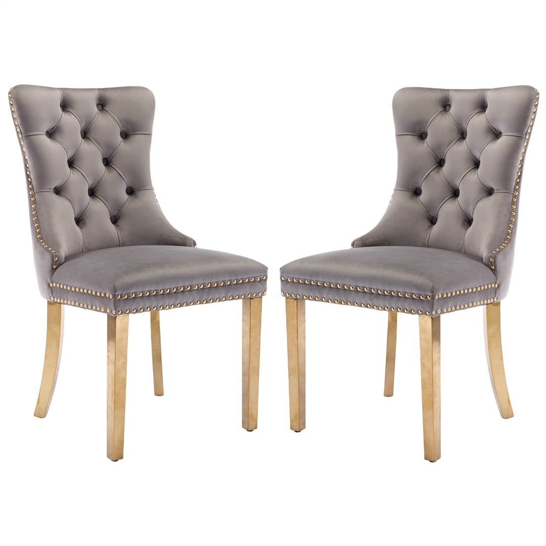 V226-SW1501GY-189373-00 AADEN 2x Velvet Dining Chairs with Golden Metal Legs-Grey - Image 1