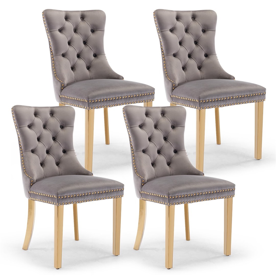 Version 1.0.0 AADEN 4x Velvet Dining Chairs with Golden Metal Legs-Grey - Image 1