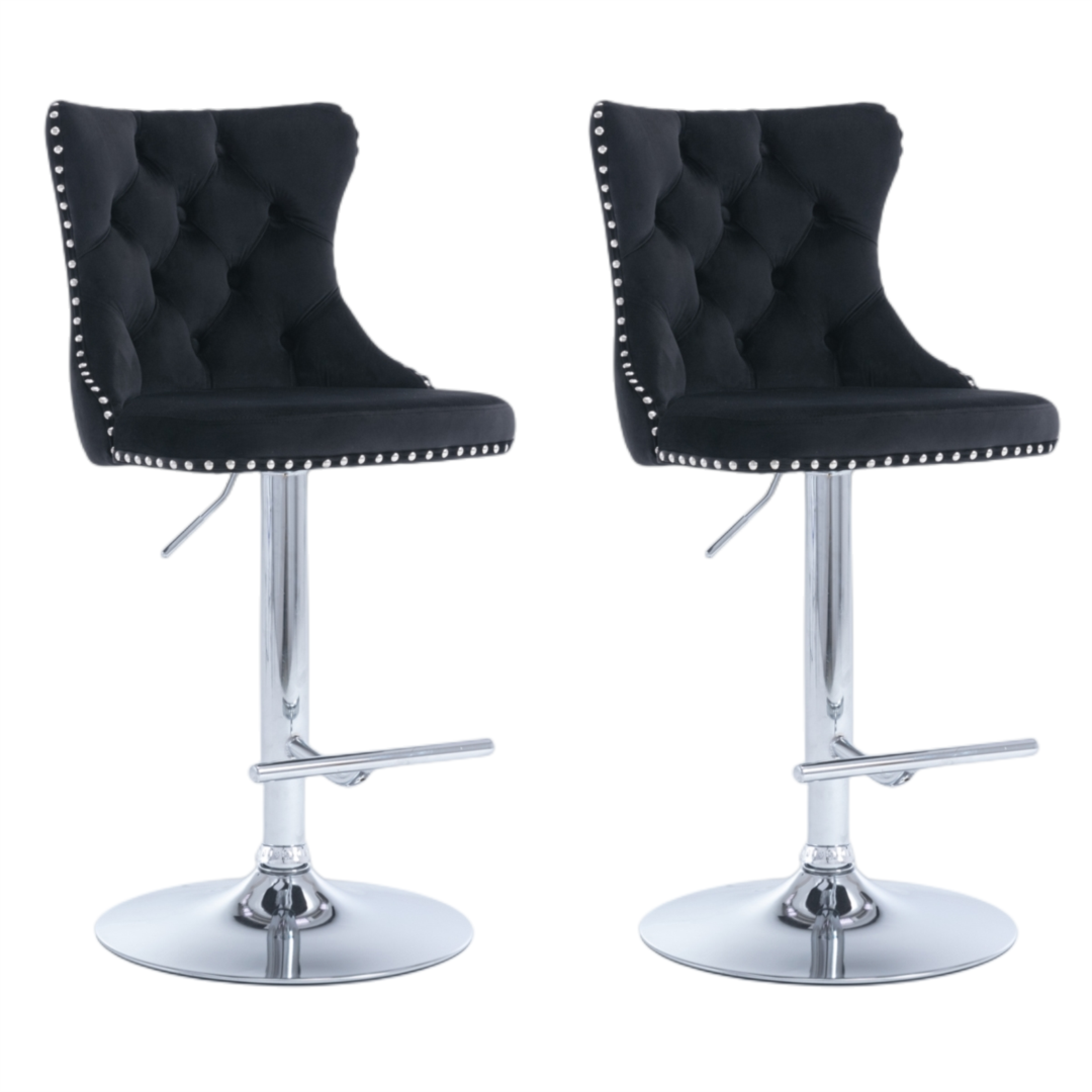 V226-SW1712BK-c08c15_d990b2043af94282b5a091bec80885d1_mv2-00 2x Height Adjustable Swivel Bar Stool Velvet Studs Barstool with Footrest and Chromed Base- Black - Image 1